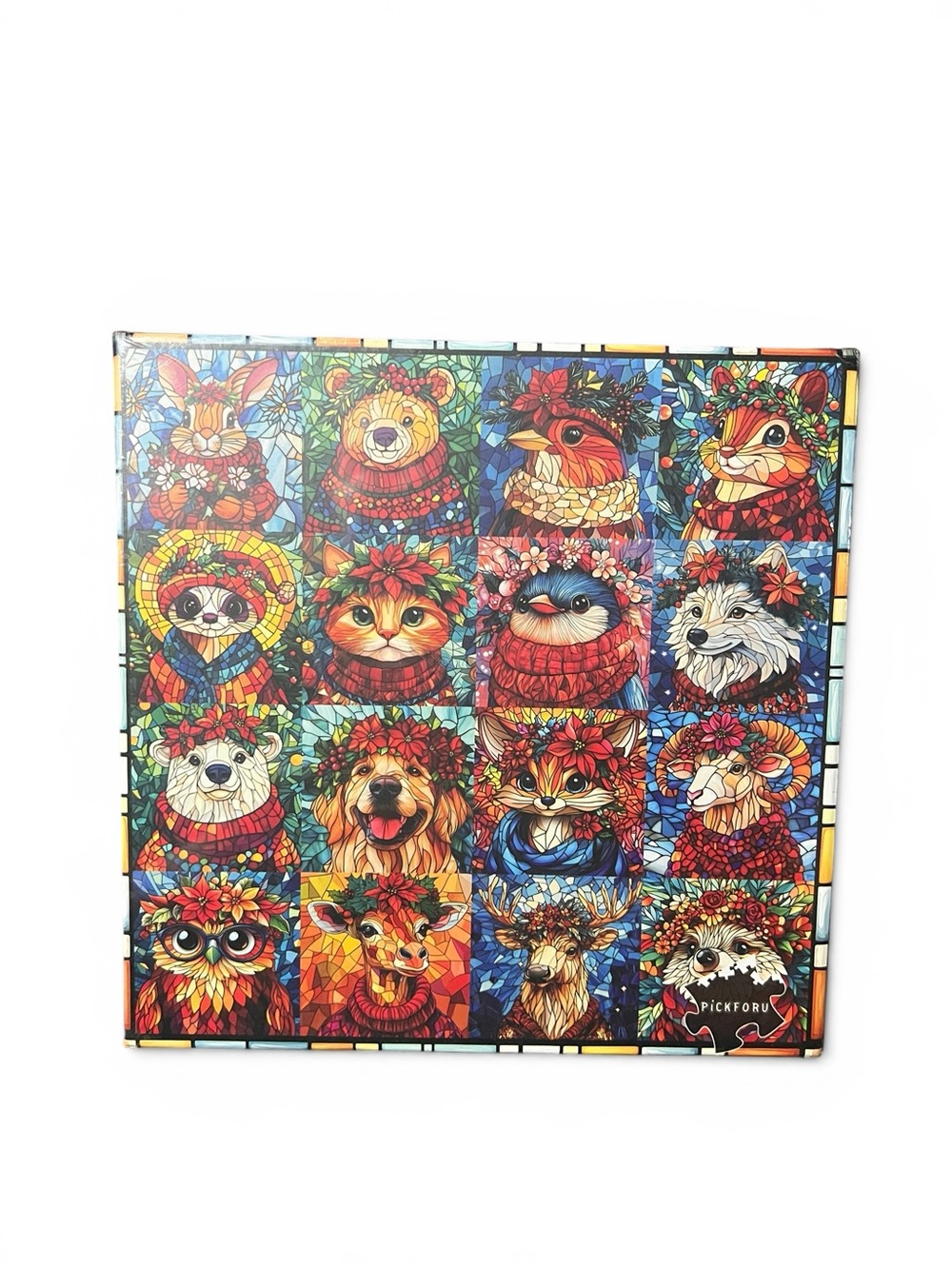 NEW Christmas Animal Wreaths Colorful Mosaic Art Puzzle Box